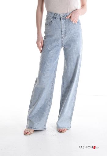 hoher Taille wide leg Jeans aus Baumwolle mit Knöpfen mit Strasssteinen mit Reißverschluss mit Taschen