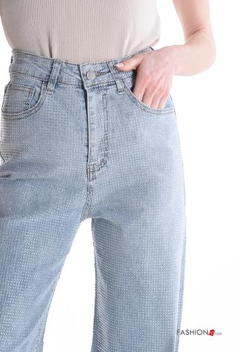 Jeans in Cotone vita alta wide leg con bottoni con strass con zip con tasche - ph 4