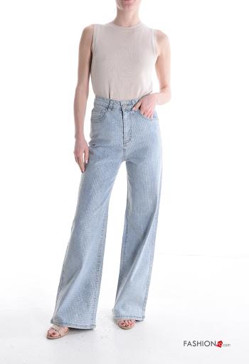 Jeans in Cotone vita alta wide leg con bottoni con strass con zip con tasche - ph 5
