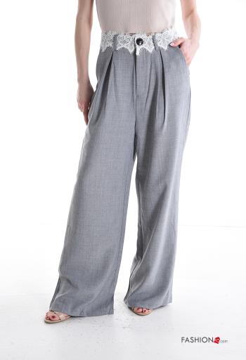 Pantalone pizzo wide leg con tasche con bottoni con zip