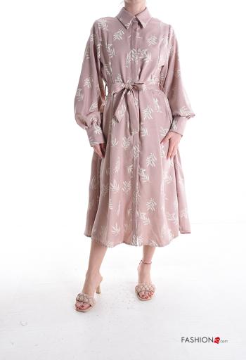 Leaf print long sleeve with collar Shirt dress with buttons with fabric belt