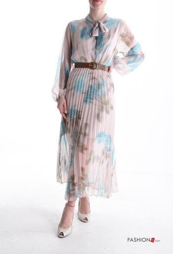 Floral pleated long sleeve Dress with belt with bow with buttons