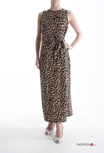 Abito lungo senza maniche girocollo Fantasia animalier con strass con nodo - ph 1