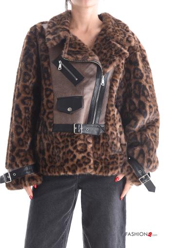 Giacca pelliccia sintetica con fibbia Fantasia animalier senza fodera con tasche con zip - ph 1