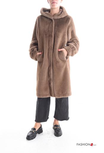 Cappotto pelliccia sintetica maniche lunghe senza fodera con tasche con cappuccio