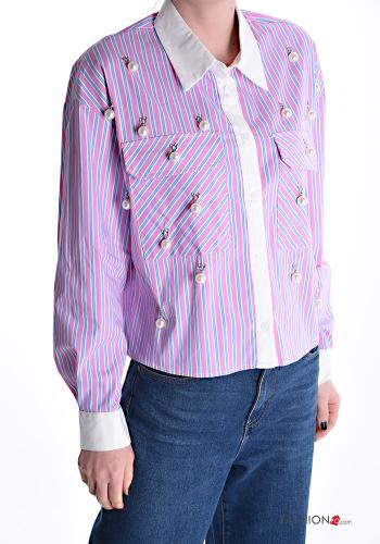 Chemise en Coton Imprimé à rayures avec poches avec des perles