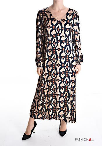 Abstract print long sleeve Dress with v-neck with elastic