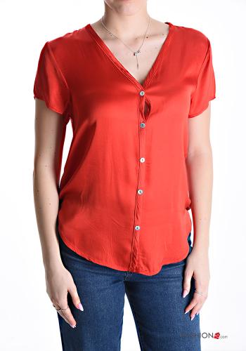 Satin kurze ärmel Bluse mit Knöpfen mit V-Ausschnitt - ph 1