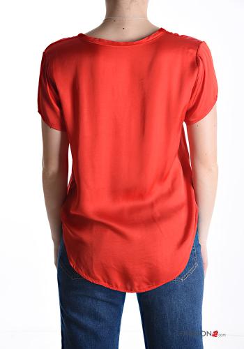 Satin kurze ärmel Bluse mit Knöpfen mit V-Ausschnitt - ph 2