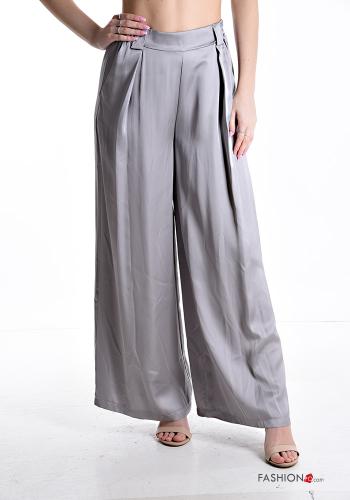 Pantalone lungo raso wide leg con tasche con elastico