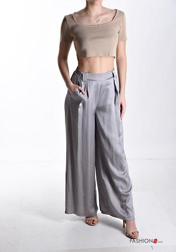 Pantalone lungo raso wide leg con tasche con elastico - ph 5