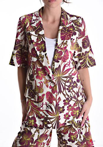 Blumenmuster kurze ärmel Jacke aus Leinen mit Knöpfen - ph 1