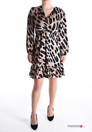 Patterned long sleeve knee-length Dress with flounces with elastic with v-neck