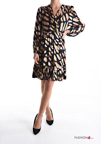 Abstract print long sleeve knee-length Dress with flounces with elastic with v-neck