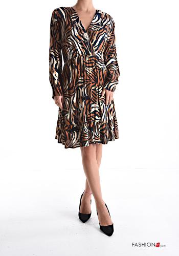 Animal print long sleeve knee-length Dress with flounces with elastic with v-neck - ph 1