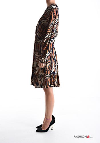 Animal print long sleeve knee-length Dress with flounces with elastic with v-neck - ph 3