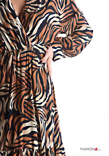 Animal print long sleeve knee-length Dress with flounces with elastic with v-neck - ph 4