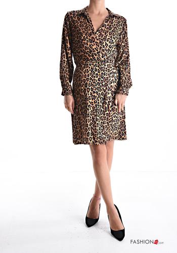 Abito al ginocchio maniche lunghe con colletto Fantasia animalier scollo a V con elastico - ph 1