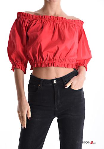 Top in Cotone corto maniche a tre quarti con elastico scollo alla bardot - ph 1