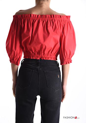 Top in Cotone corto maniche a tre quarti con elastico scollo alla bardot - ph 2