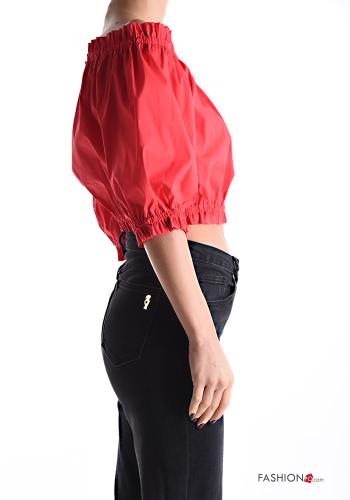 Top in Cotone corto maniche a tre quarti con elastico scollo alla bardot - ph 3