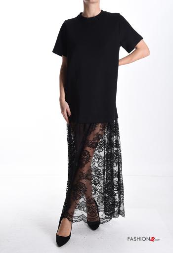 Embroidered crew neck long short sleeve lace trim Dress