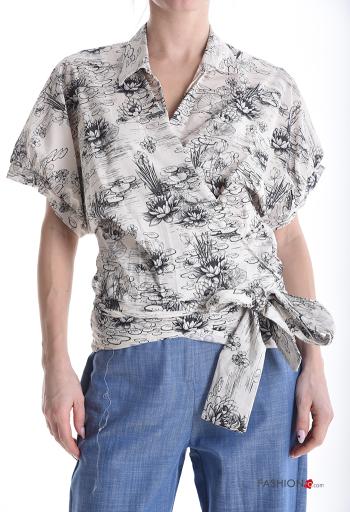 Floral short sleeve with collar Cotton Blouse with bow - ph 1