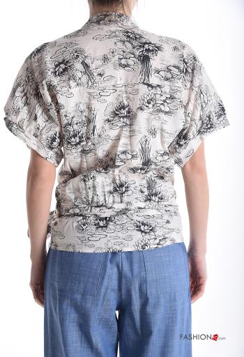 Floral short sleeve with collar Cotton Blouse with bow - ph 2