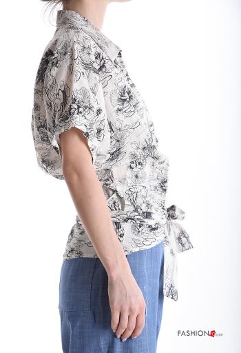 Floral short sleeve with collar Cotton Blouse with bow - ph 3