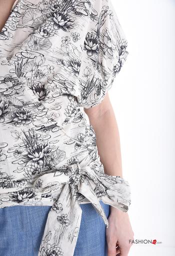 Floral short sleeve with collar Cotton Blouse with bow - ph 4