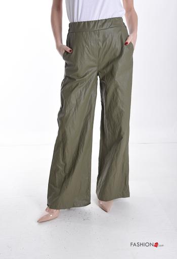 faux leather wide leg Cotton Trousers with pockets with elastic - ph 1