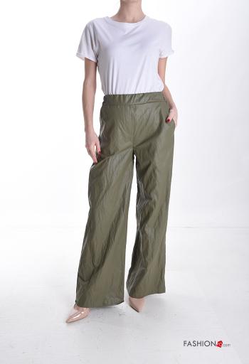 faux leather wide leg Cotton Trousers with pockets with elastic - ph 5