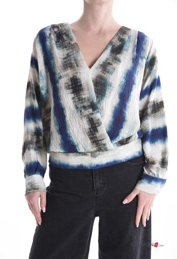 Blusa maniche lunghe Fantasia astratta scollo a V con elastico