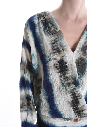 Blusa maniche lunghe Fantasia astratta scollo a V con elastico - ph 4