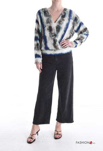 Blusa maniche lunghe Fantasia astratta scollo a V con elastico - ph 5