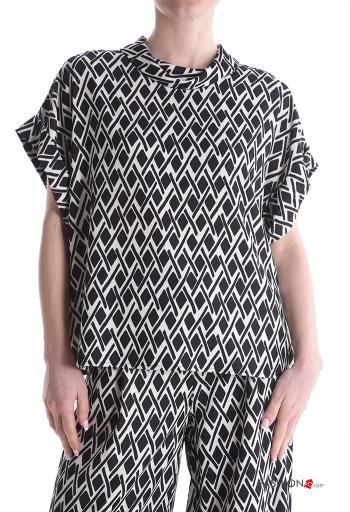 Geometrisches Muster kurze ärmel mit kragen Bluse - ph 1