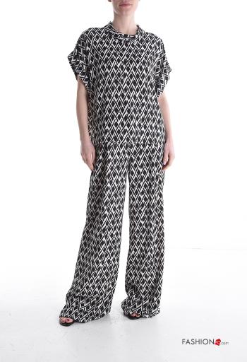 Geometric pattern short sleeve long wide leg Co-ord with buttons with zip with pockets