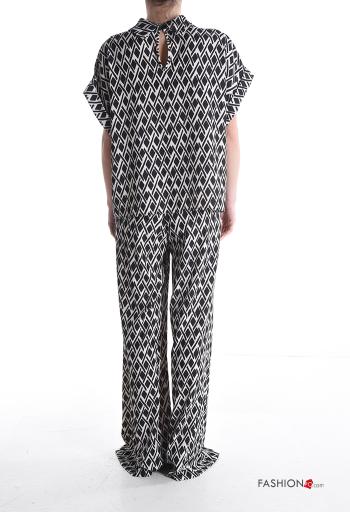 Geometric pattern short sleeve long wide leg Co-ord with buttons with zip with pockets - ph 2