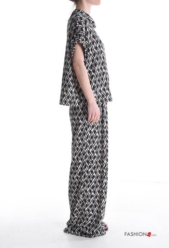 Geometric pattern short sleeve long wide leg Co-ord with buttons with zip with pockets - ph 3