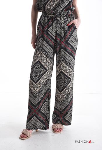 Patterned wide leg Trousers with pockets with elastic