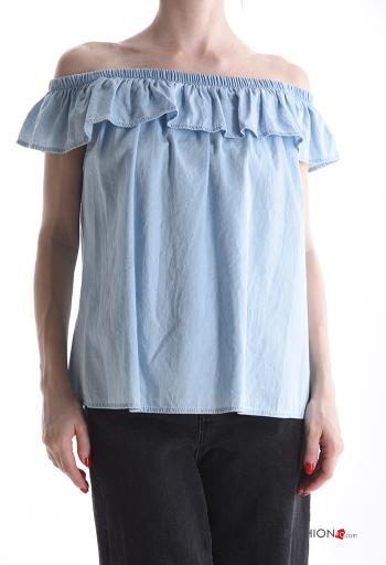 Blusa in Cotone maniche corte scollo alla bardot con balze con elastico