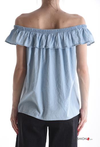 Blusa in Cotone maniche corte scollo alla bardot con balze con elastico - ph 2