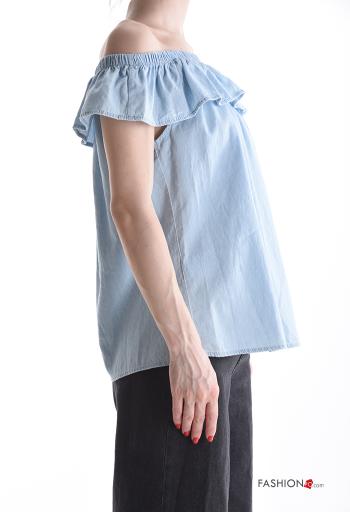 Blusa in Cotone maniche corte scollo alla bardot con balze con elastico - ph 3