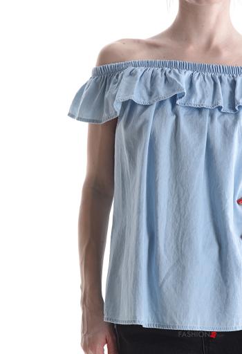 Blusa in Cotone maniche corte scollo alla bardot con balze con elastico - ph 4
