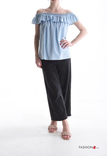 Blusa in Cotone maniche corte scollo alla bardot con balze con elastico - ph 5