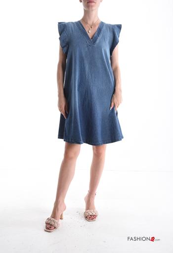 Abito in Cotone al ginocchio maniche volant denim maniche corte scollo a V - ph 1