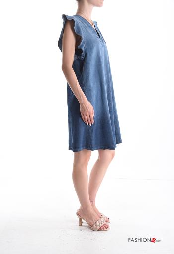 Abito in Cotone al ginocchio maniche volant denim maniche corte scollo a V - ph 3