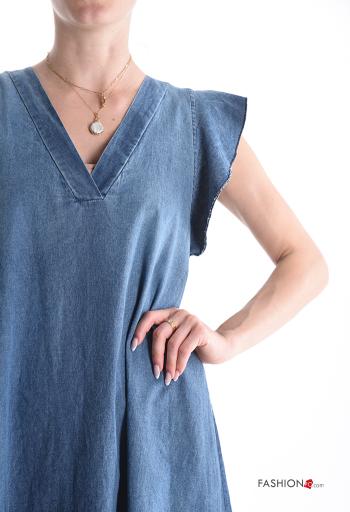 Abito in Cotone al ginocchio maniche volant denim maniche corte scollo a V - ph 4