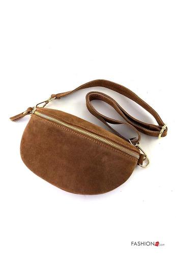 Suede Genuine Leather Pouch bag with zip with shoulder strap