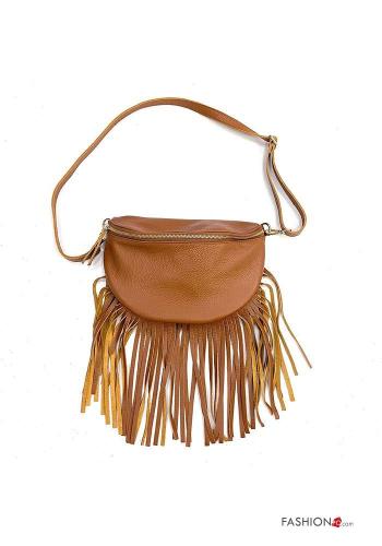 Genuine Leather Pouch bag with zip with shoulder strap with fringe - ph 1